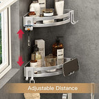 VOLPONE Shower Corner Shelf Caddy 2 Pack shower Organizer No Drill (adhesive mounting, no suction cup) Shower Storage Rust Proof Bathroom Corner Wall Shelf shampoo holder Silver - style: Without Suction Cup Triangle with Hooks 2 Tier Silver