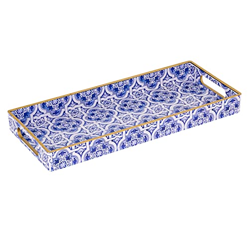 MAONAME Blue Decorative Tray, Plastic Serving Tray with Handles, Rectangular Moroccan Trays, Long Narrow Trays for Bathroom, Kitchen Counter, 13.8" X 6" X 1.57" - color: Blue-moroccan