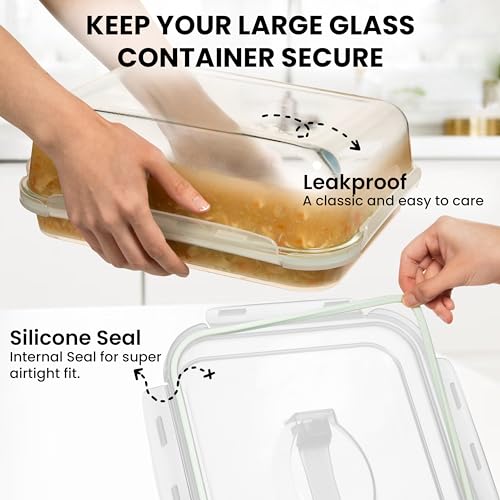 4800 ML / 163 oz / 21 Cup LARGE Glass Food Storage Container with Airtight Locking Lid. Ideal Storing food, Vegetables, Fruits. Baking Casserole, Lasagna, Roasting Turkey, Chicken BPA Free Oven Safe - size: 4800 ml
