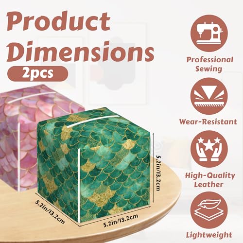 2 Pcs Tissue Box Cover Square,Mermaid Scale Tissue Box Holder Leather Facial Paper Organizer Dispenser for Bathroom Kitchen Bedroom Night Stand Office Desk - color: Mermaid Scale