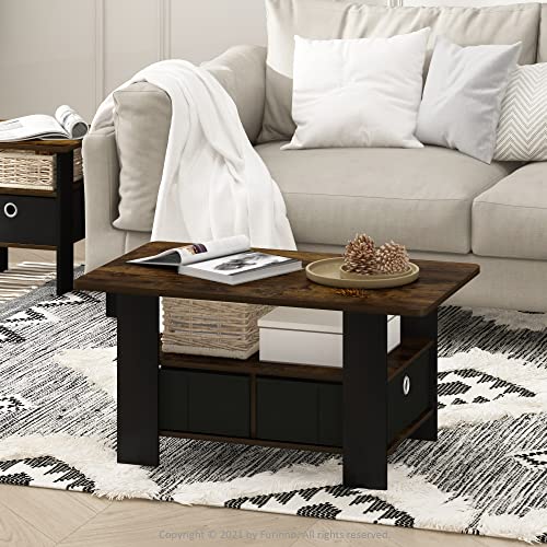 Furinno Andrey Coffee Table with Bin Drawer, Amber Pine/Black Small Non-Lift Top - color: Amber Pine/Black, style: 2 Bin