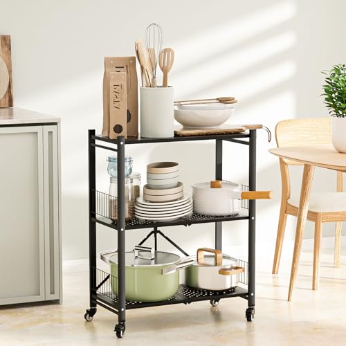 Folding Storage Shelves, 3-Tier Metal Foldable Shelf Shelving Rack Organizer On Rolling Wheels in Kitchen Warehouse Patio Pantry Basement Portable Collapsible Shelves No Assembly (Black, 3-Layer) - color: Black/3-tier