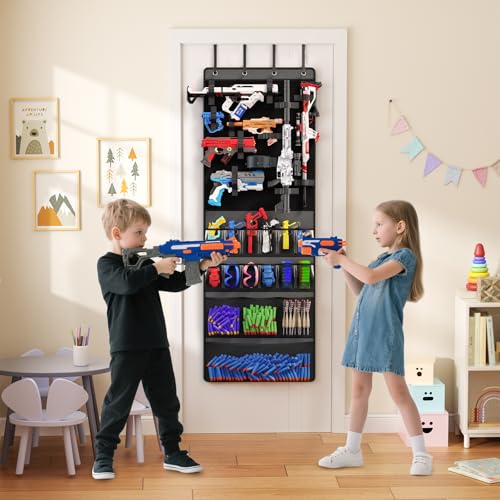 Mefirt Over The Door Organizer for Toy Guns, Toys Storage Door Hanger with Pockets and Slots for Kids Foam Blasters, Darts, Goggles, Over Door Toys Storage Organizer, for Kids Rooms, Game Rooms, Gray - color: Grey