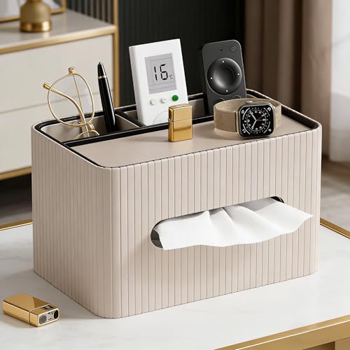 KINGFOM Leather Tissue Box Cover with Storage Tray, Decorative Tissue Box Holder Organizer for Office Desk, Bedroom & Nightstand, Remote Control Holder for Perfume, Watch, Glasses, Pens (Mocha Beige) - color: Mocha Beige