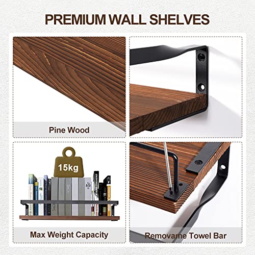 Uten Floating Shelves, Wall Shelf Outdoor, Bathroom Shelves for Wall, Towel Holder 8 Hooks, Kitchen Spice Rack, Storage Organiser Shelf for Bedroom, Bathroom, Living Room, Office - color: Mid Brown