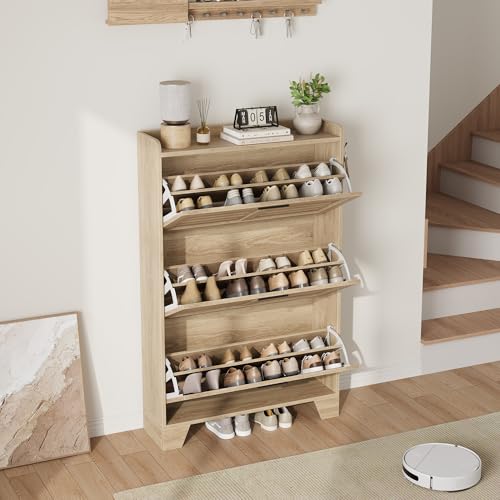Garvee Shoe Storage Cabinet with 3 Flip Drawers, Freestanding Shoe Organizer Storage for Entryway with 2 Side Hooks, Farmhouse Hidden Slim Narrow Shoe Rack Cabinet, Natural Oak - color: Natural Oak, size: 3-Drawers