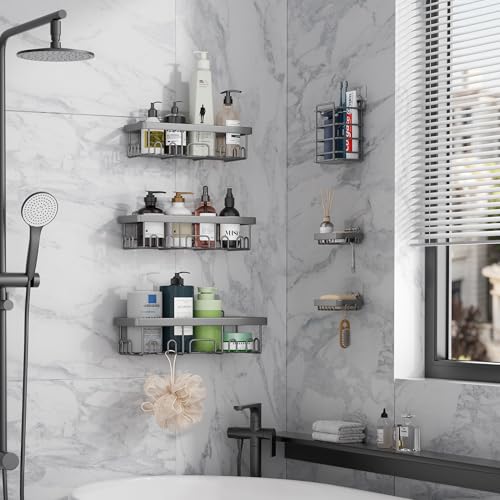 Veken 6-Pack Rustproof & Waterproof Shower Caddy, Adhesive Shelves Rack, Large Capacity Bathroom, College Dorm & Apartment Organizers, No-Drill Wall Mount Living Room & Bedroom Decor, Light Grey - color: E. Light Gray