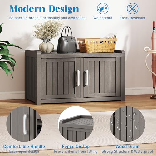 KAMABOKO Shoe Storage Cabinet Waterproof UV-Resistant, Entryway Storage Bench Indoor Outdoor with 2 Barn Doors, Adjustable Shelves for Entryway, Bedroom, Hallway,Living Room(Grey) - color: Grey, size: Double Door