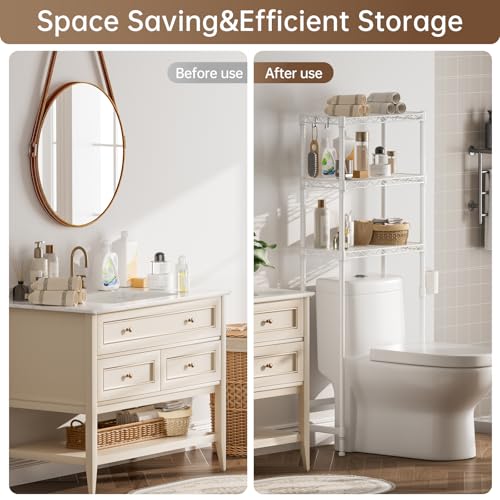 Golpart Over The Toilet Shelf,3-Tier Adjustable Freestanding Metal Bathroom Organizer Shelves with Toilet Paper Holder & Hooks,Space-Saving for Narrow Small Bathroom,10”D x 24”W x 66”H,White - size: White-3-Tier-10"D x 24"W x 66"H