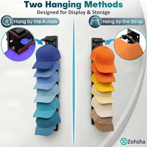 2 Pack Hat Organizer for Baseball Caps, Hat Rack with Strong Adhesive, Wall Mounted Hat Hooks for Hat Storage Display, Holds up to 20 Hats, Multi-Layer Cap Organizer for Closet Door and Bedroom(Black)