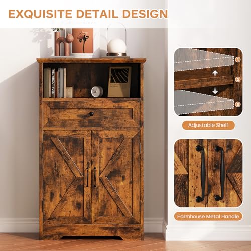 Floor Cabinet, Farmhouse Storage Cabinet with Barn Doors and Drawer, Freestanding Adjustable Shelf Organizer for Bathroom, Kitchen, Living Room Rustic Brown - color: Rustic Brown, size: 39.4"H x 23.6"W x 11.8"D