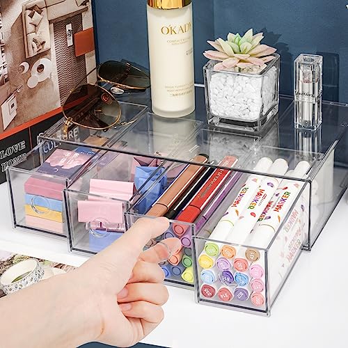 Desk Organizer with 4 Drawers, FODIENS Stackable Desktop Storage Box with Removable Drawer, Clear Sunglasses Organizer Display Case for Stationery Marker Pens Eyeglasses Office Supply - style: 1 Layer - 4 Drawers