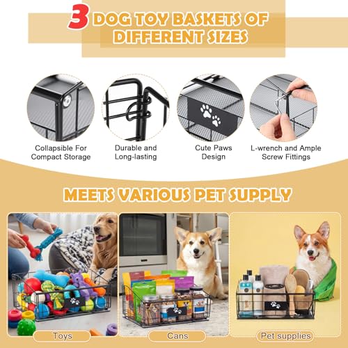 Mimorou 3 Pack Metal Dog Toy Baskets Multi-sized Foldable Dog Toy Bins Box Storage Container Organizer for Living Room Area Decorative Pet Accessories Coat Clothing Storage Holder Baskets(Black) - color: Black