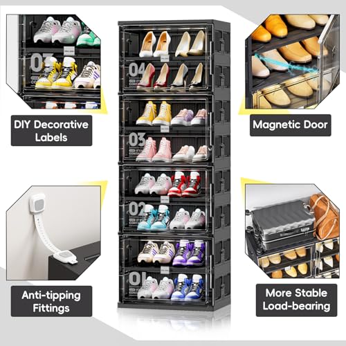 JEKO&JEKO 8 Tiers 16 Pairs Portable Shoe Organizer Storage Boxes with Magnetic Door, Folding X-Large Shoe Rack Free-Standing for Closet Entryway, Sneaker Storage Cabinet Fits US Size 12 (Black) - color: Single-row, size: 8 Tiers