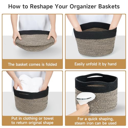 Small Rope Baskets for Storage, Baskets for Gifts Empty, Cute Round Woven Basket, Decorative Shelf Baskets 9.82×9.82×7.1", Cotton Toy Basket Storage Bins for Organizer 3 Packs-Brown+Black - color: Eight Black-3PCS