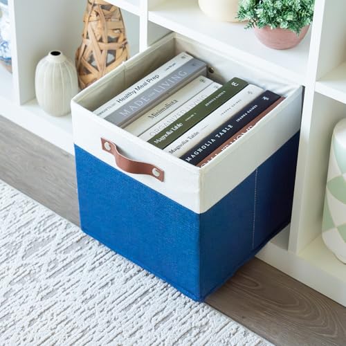 OrganiHaus 11" x 11" x 11" Fabric Cubes Storage Bins Set of 4, Foldable Collapsible Canvas Storage Bins for Organizer, Toy Organizer for Kallax, 11 Inch Linen Cube Shelf Baskets - Navy Blue - color: Navy Blue Base / Off-White, size: (11x11) Leather Handle