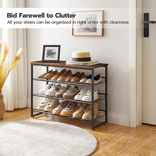 HOOBRO Shoe Rack, 4 Tier Shoe Organizer for Front Door Entrance, Shoe Shelf with Adjustable Tilt Angle, Holds 12-16 Pairs, for Entryway, Garage, Closet, Rustic Brown and Black BF09XJ01 - size: 29.5"L x 11.4"W x 23.2"H