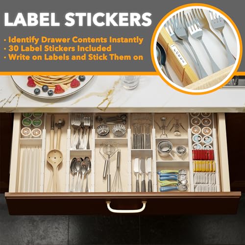 SpaceAid Bamboo Drawer Dividers with Inserts and Labels, Kitchen Adjustable Drawer Organizers, Expandable Organization for Home, Office, Dressers, 7 Dividers with 15 Inserts (17"-22" White) - color: WHITE, size: 2.35''H, 17''-22''L, 7 Dividers