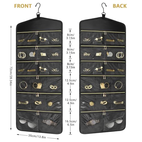 CHICECO Hanging Jewelry Organizer With Zippered Pockets,40 Pockets Travel Jewelry Organizer Storage for Cloest,Wall,Door - color: Black