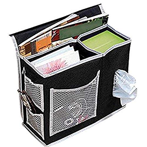 WSLCN Oxford Bed Pockets Portable Remote Control Bedside Storage Caddy Hanging Organizer Bag with 6 Pockets Bed Sofa Organizer for Magazine Tissue Phone Black - color: Black