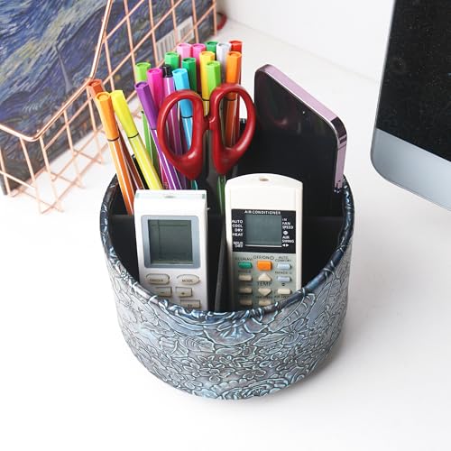 Round Leather Art Supply Organizer,Remote Control Holder,360 Degree Spinning,Multi-Functional Pencil Holder,4 Compartments Desktop Stationary Organizer(1-Rich Flower Blue) - color: 1-Rich Flower Blue1