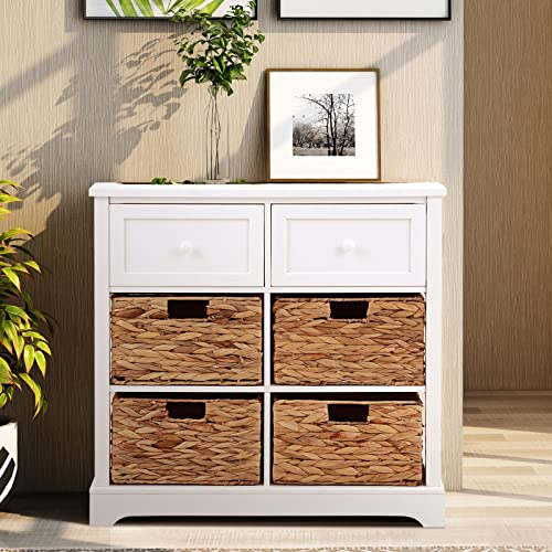 PHI VILLA White Storage Cabinet with Baskets, Accent Cabinet with Drawers, Entryway Rattan Cabinet with Shelves - color: White, size: 6 Drawers