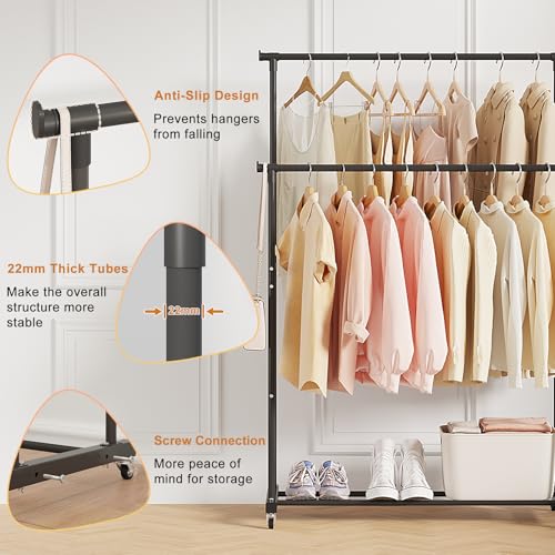 Calmootey Double Rods Clothes Garment Rack, Rolling Clothing Rack for Hanging Clothes, Coat Storage, Organizer for Bedroom, Livingroom, Apartments, Black