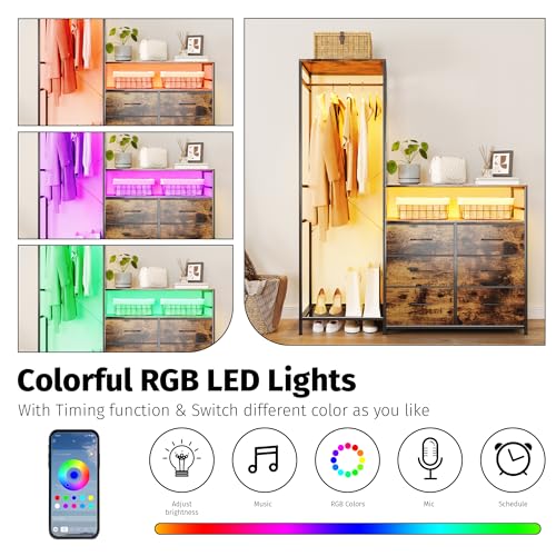 Heavy Duty Garment Rack with Fabric Drawers and LED Light, Freestanding Portable Closet Wardrobe Systems with Shelves for Bedroom, Entryway, Apartment - color: Chestnut