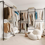 Wall-Mounted Steel & Wood Closet Organizer System with 4 Adjustable Shelves, 5 Hanging Rods, and 2 Drawers – Modern Open Wardrobe, White - color: BC03-white
