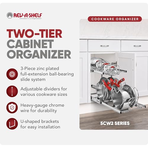 Rev-A-Shelf 2-Tier Kitchen Cabinet Pullout, Cabinet Organizer for Pots, Pans, and Lid Cookware, Adjustable Heavy Duty Wire, Min Opening Width of 11.5", Chrome, 5CW2-1222-CR - size: 12 in.