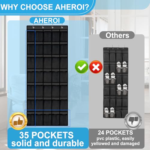 Aheroi 35 Pockets Large Over the Door Organizer, Breathable Mesh Pockets Hanging Shoe Organizer, Black Door Shoe Organizer Mesh Closet Shoe Holder Hanger Holds Up to 40 lbs, Space Saving Shoe Rack - color: Black 35-1Pack, size: 35Pockets-1Pack