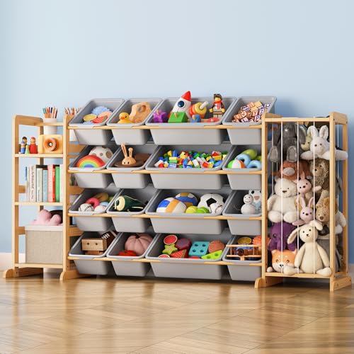 Toy Storage Organizer with Bookshelf and Stuffed Animal Storage - Kids Playroom Organization with Shelves and 16 Toy Bins - Toddler Living Room Toy Box for Lego - Nursery Bedroom Decor Essentials - color: Grey, size: 67"W,3 Shelves,16 Bins