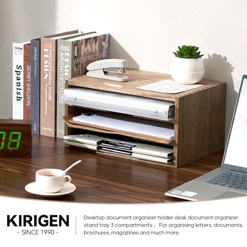KIRIGEN Wooden Desktop Organizer Paper Storage Letter Tray File Sorter with 3 Layer Trays - Desk Rack Magazine File Dividers Holders for Home Office Accessories Dark Brown (3KWJG-DBR) - color: Dark Brown, size: 3 layer-0 drawers