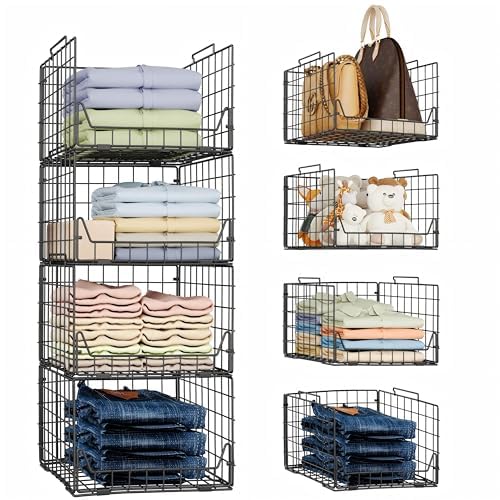 Jakyitvi Stackable Closet Organizers and Storage Bins 4 Pack, Sturdy Metal Clothes Storage Container for Clothes Pants Sweaters, Black Folded Drawer Shelf Organizer for Closet Wardrobe - color: Black, size: 4 Tier