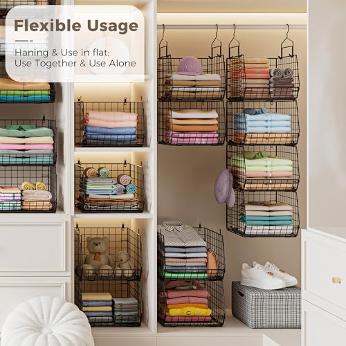 4" Extra Deeper Hanging Closet Organizers and Storage,4 Tier Foldable Wire Cabinet Shelves with 5 S Hooks,Small Metal Basket Bins for Clothes Sweaters Handbags, Wardrobe for Kitchen Laundry Room，Black - color: Black, size: 4-Tier
