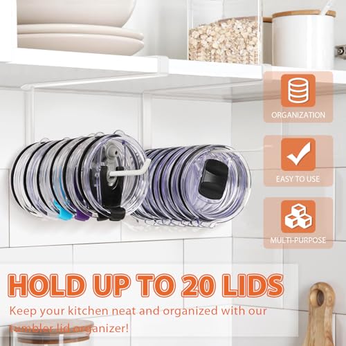 2 Pack Tumbler Lid Organizer, Horizontal Tumbler Lid Storage Hook Up to 20 Lids, Space Saving Cup Lid Holder Under Cabinet Tumbler Lid Hook for Kitchen Organizer, Paper Towel Hanger(Round&Flat, White) - color: White, size: 2 Pack(Round&Flat)
