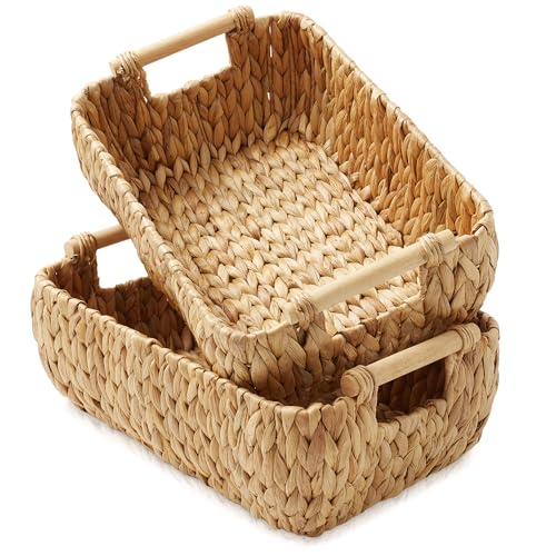 Casafield Set of 2 Water Hyacinth Oval Storage Baskets with Wooden Handles - Medium, Woven Bin Organizers - color: Natural - Hyacinth, size: Set of 2 - Medium