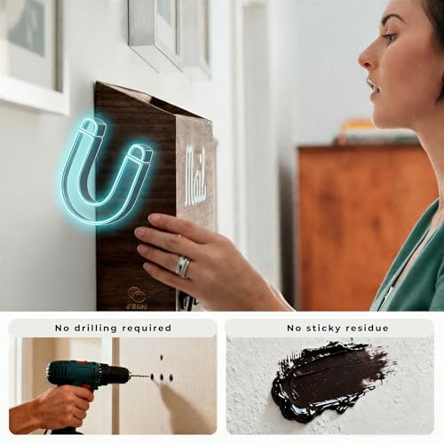 eBun Magnetic Mail Organizer with Key Hooks – 2-Pack Solid Wood Wall Mount for Mail & Bills, 12 Hooks Entryway Holder, No-Drill for Renters