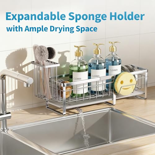 Aurblozen Extra Large Extendable Sponge Holder for Kitchen Sink, Rustproof Sink Caddy Organizer with High Brush Holder, Dish Soap Dispenser Organizers and Storage (Stainless Steel) - color: Stainless Steel