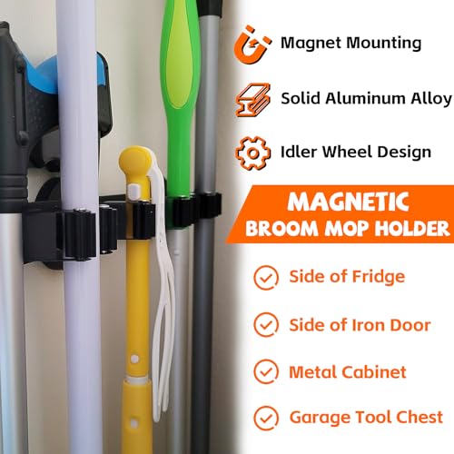 Magnetic Broom Holder Rack,Strong Magnetic Mount Mop Holder 4 Racks for Cleaning Tools,Non-slip Magnetic Tool Holder Broom Hooks for Camper Garage Kitchen - style: 4 Slot Magnetic Mop Holder