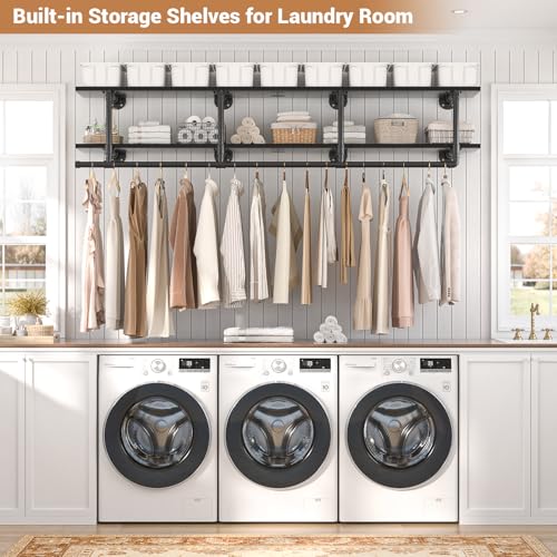 Aheaplus Industrial Pipe Clothes Rack with Top Shelf, 59In Space-Saving Wall Mounted Clothing Rack, 2 Tiers Heavy Duty Pipe Clothing Shelves with Hanging Rod for Laundry Room, Closet Storage, Black - color: Black, size: 59IN