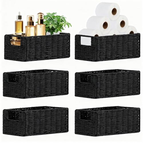 Small Wicker Baskets, Wicker Woven Storage Basket Toilet Paper Baskets with Handles, Towel Basket for Bathroom Organizing Shelves (Black) - color: Black