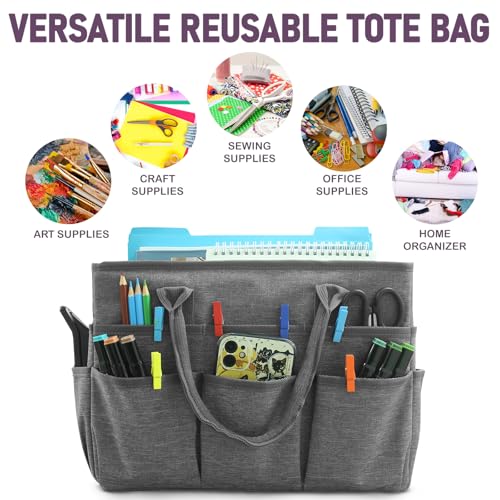 Cupohus Art Organizer Craft Storage Tote Bag with Pockets and Handles, Oxford Fabric Carrying Caddy for Teacher, Officer, Artist, Students, Traveler, and More –Grey - color: Grey