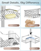 ALLZONE Corner Shower Caddy Tension Pole with 4 Repositionable Hang-On Baskets, Mixed-Height Shelves for Tall Bottles, 8 Dual Hooks & Soap Dish, Rust-Resistant Stainless Steel, Adjustable 34-116 Inch
