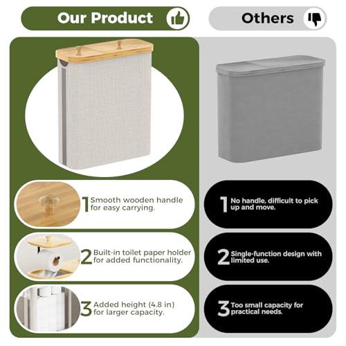 42L Toilet Paper Basket with Bamboo Lid, Toilet Paper Storage with Toilet Paper Holder & Non-Slip Mat for Bathroom Organizer, Holds up to 19 Regular Rolls or 14 Mega Rolls, Collapsible & Stackable - color: Linen