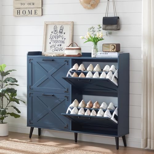 Barnyatoh Shoe Storage Cabinet,Farmhouse Shoe Organizer with 4 Flip Drawers & Barn Door Design,Freestanding Hidden Slim Narrow Shoe Rack Cabinet for Entryway,Foyer,Hallway,Navy Blue - color: Navy Blue, size: 4-Drawers