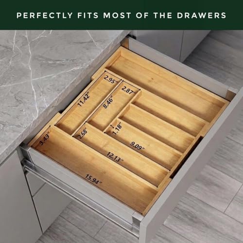 Bamboo Drawer Organizer, Expandable 8-Slot Silverware & Utensil Tray for Kitchen Drawers, Fits 13–19.5 Inch Drawers, Deep Compartments, Durable & Eco-Friendly Natural Bamboo - size: 8 Slot