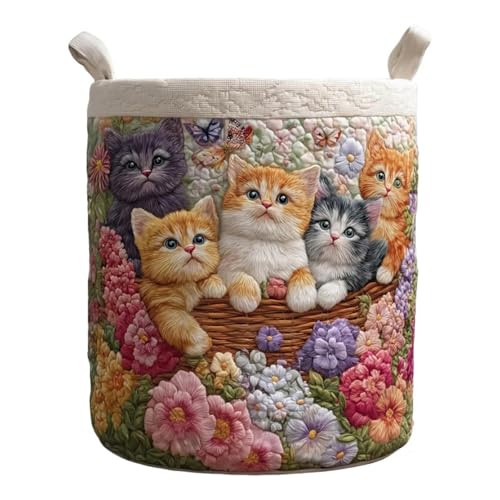Quilted Laundry Basket with Handles, Large Soft Fabric Storage Hamper for Clothes, Toys & Blankets, Boho Floral Collapsible Basket for Nursery, Bedroom, Laundry Room - color: Cat, size: L-20X28In