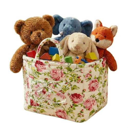 Quilted Fabric Basket Foldable Car Storage Boho Floral Laundry Basket Hamper for Nursery Bedroom & Living Room | Organize Clothes Toys - color: Summer Roses