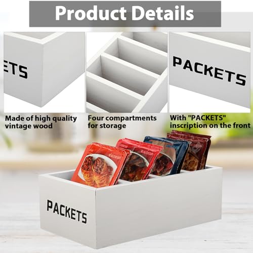 BSTKEY Seasoning Packet Organizer, Food Packet Storage Organizer with 4 Compartments, White Wooden Storage Caddy for Kitchen Pantry Cabinet, Farmhouse Kitchen Organization Bins for Snack Spice Packets - color: White